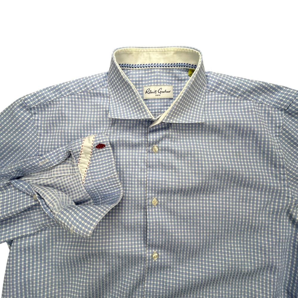 Robert Graham Button Front Shirt Mens 43 17 Blue White Gingham Check Long Sleeve